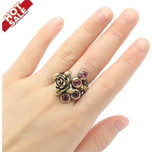 27x25mm Neo-Gothic Flowers Vintage Created Pink Tourmaline For Ladies Black Gold Silver Rings Punk Eye Catching