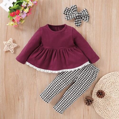 3PCS Baby Girl Clothes 0-3T Long Sleeve Ruffled Top And Retro Plaid Pants Headband Set Lace Decor Outfits Kids Clothes Sets Suit