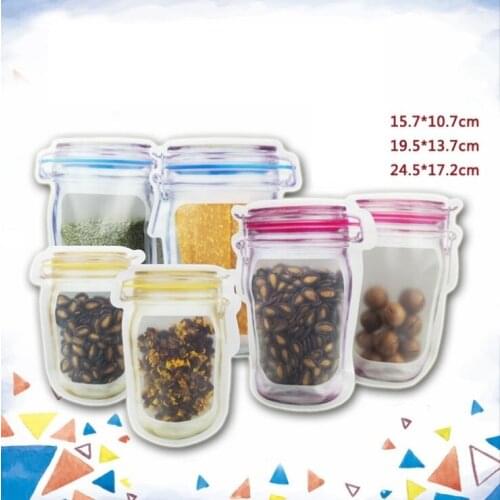 500pcs Mason Jar Shaped Food Container Plastic Bag Clear Mason Bottle Modeling Zipper Snacks Storage Bag wen6382