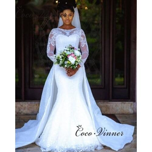 Africa New Style 2 in 1 White Mermaid Wedding Dresses With Removable Tail Lace Appliques Plus Size Custom Made Bride Dress W0607