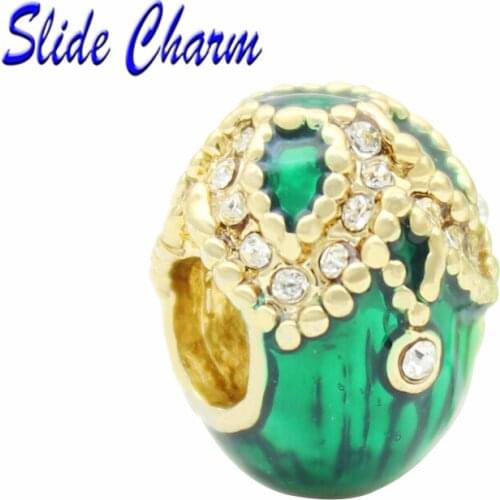 5mm Large Hole Beads Green Enamel White Rhinestone Russian Eggs Gold Charm Amulet for Mother Valentine Christmas Halloween Gifts