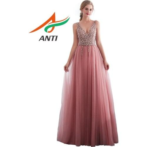 ANTI Crystal Chiffon V-Neck Evening Dress Long 2019 Vestido De Festa Beading Appliques Robe de Soiree Formal Evening party