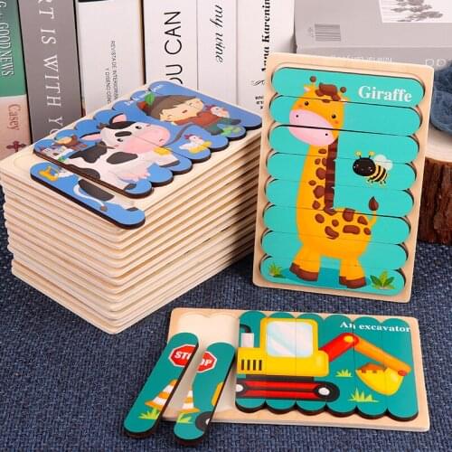 Double Sided 3D Puzzles Babys Wooden Toy Montessori Educational Toys For Kids Geometric Shape Puzzle Recognizing Toy Board
