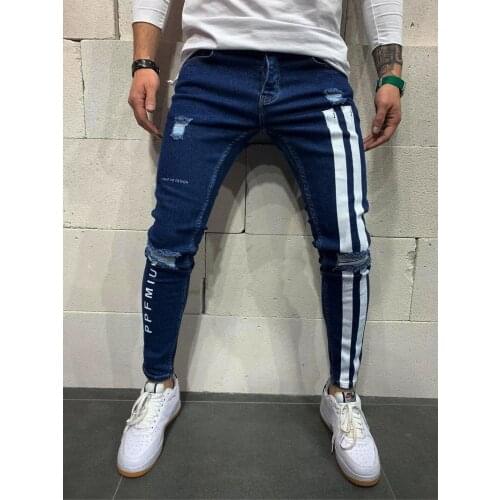 Skinny Ripped Jeans Men Letter Stripe Printed Pencil Pants Stretch Slim Moto & Biker Hip Hop Hole Jeans Denim Clothing Men