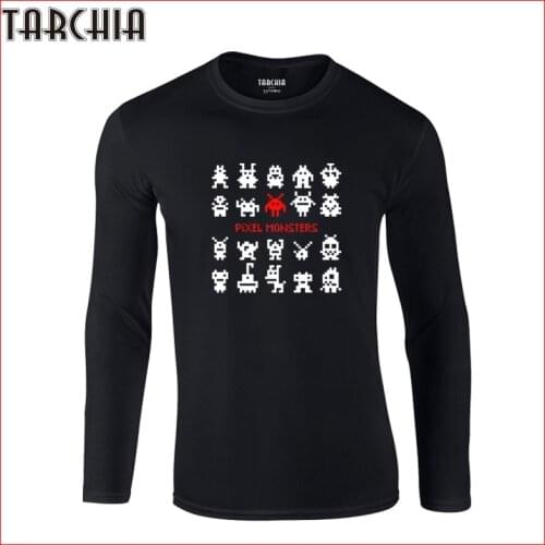 TARCHIA 2021 Cotton Tops Men Tee Long Sleeve Fun Pixel Space Monsters Autumn Print Shirt Homme Slim Fit Brand Mens T-Shirt New