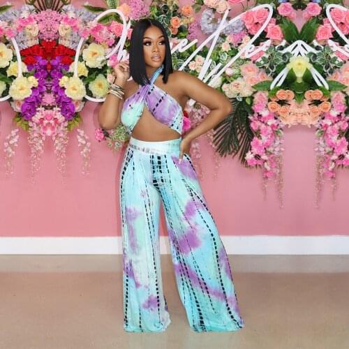 Gradient Tie Dye Print Two Piece Set Tracksuit for Women Halter Backless Crop Top+straight Wide Leg Pant Summer Vacation Suits