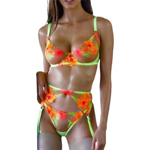 Female Lingerie Set Adults Flower Embroidery See-Through Brassiere+ Panties+ Garter for Women S/M/L/XL