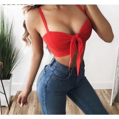 2020 Summer Hot Sale Women Bow Tie Crop Tops Women Solid Short Tanks Tops Sleeveless Strap Casual V neck Sexy Vest
