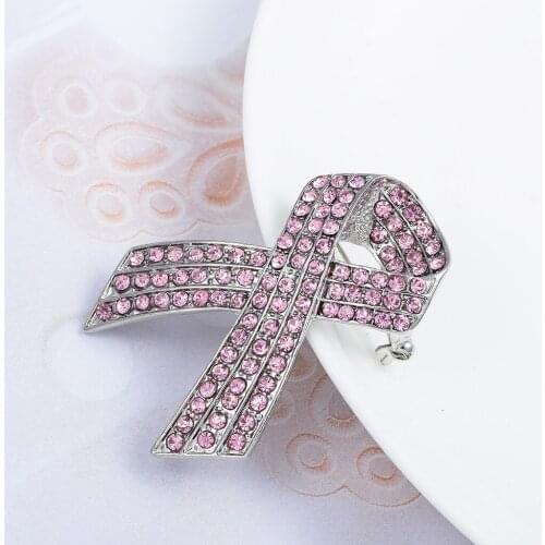 Fashion Pink Ribbon Charity Party Pin Brooch Crystal Rhinestone Corsage Badge
