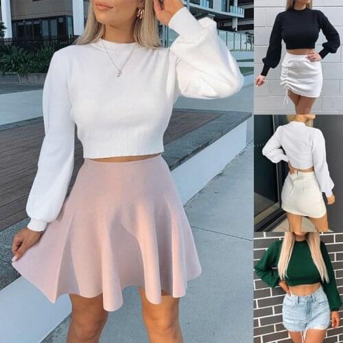 Fashion Casual Solid Color Round Neck Short Lantern Sleeve Womens Autumn Winter Pullover High Street Style Knitted Sweater 2021