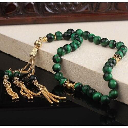 33 Beads Tiger Eye Muslim Prayer Tasbih Misbaha Islamic Jewelry Subha Capsule Cut Tassel 925 Caliber Silver