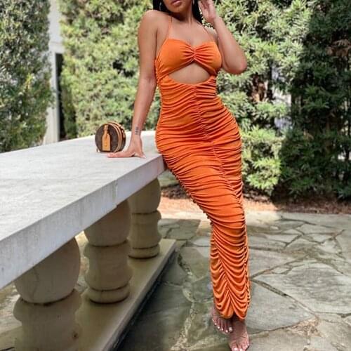 Orange Fashion Lady Midi Clubwear 2021 Summer Women Sexy Cover Party Backless Dress Spaghetti Strap Bodycon Wrinkled Dress G2761