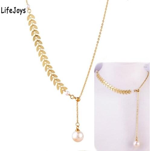 New Arrow Choker Necklace Women Stainless Steel Fish Bone Link Chain Wheat Ear Shaped Rose Gold Jewelry Pearl Charm Adjustable