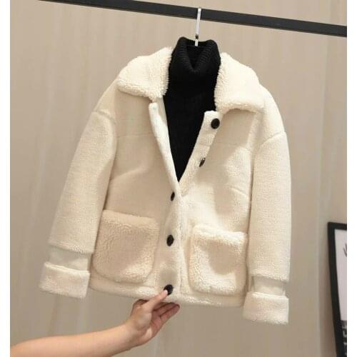 Lamb Wool Faux Fur Coat Women Autumn Winter Outerwear Korean Style White Jacket Short Button Up Warm Thick Loose Fluffy Coats
