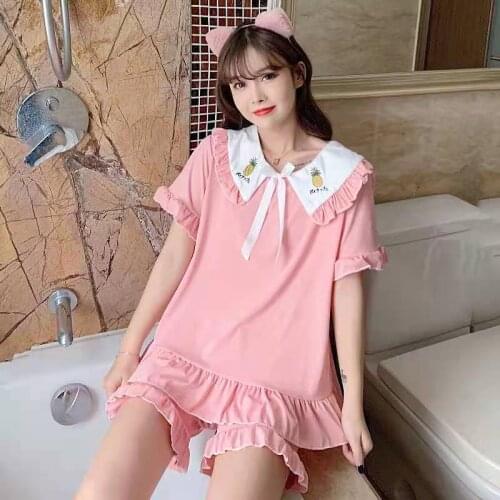 Pajamas Womens Summer Thin Short-sleeved Net Red Hot Style Solid Color Cute Doll Collar Girl Princess Home Service Suit
