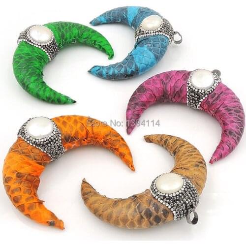 Resin Snakeskin Tanned Cover Pave CZ Crescent Pendants Black Gun Plated, Pearl And CZ Pave On The Middle Approx 70*55*15 mm