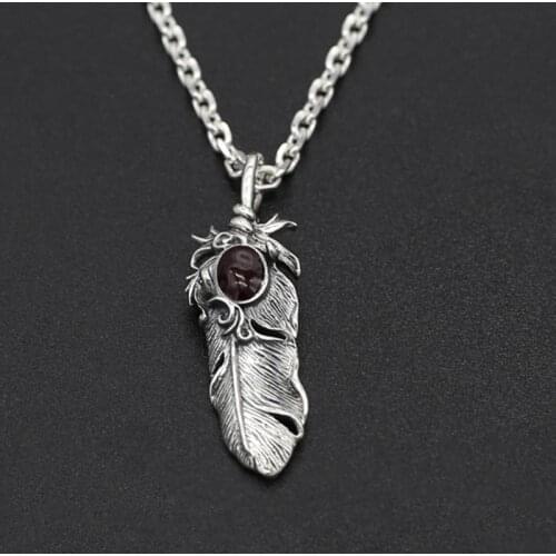 S925 Sterling Silver Jewelry Retro Thai Silver Mens Handmade Epoxy Flame Eagle Feather Pendant