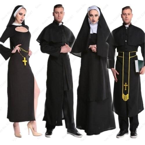 Medieval Halloween Men Women Monk Priest Nun Robe Gown Coat Missionary Cosplay Virgin Mary Dress Party Costumes Scarf Headpiece