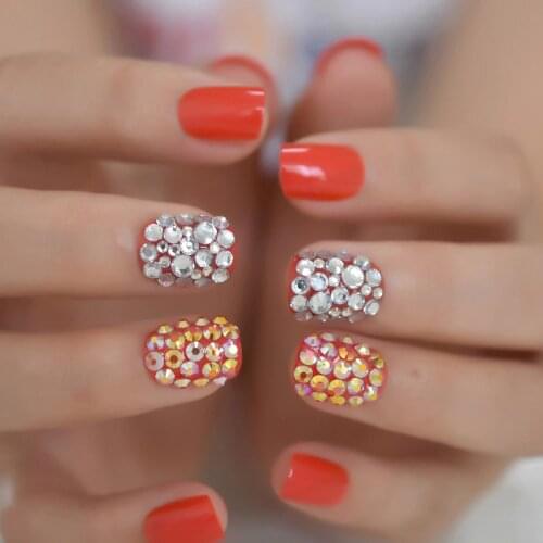 Custom Rhinestone Nails Short Glossy Red Squoval Ladies Artificial Acrylic Fingernails Crystal Gorgeous Nails