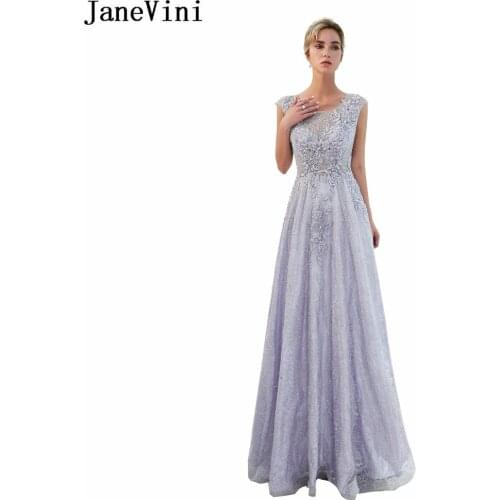 JaneVini 2018 Vintage Lace Long Bridesmaid Dresses with Applique Scoop Neck Luxury Beaded Illusion Back Arabic Formal Prom Gowns