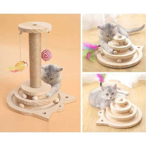 Turntable Cat Toys Three Layer Wooden Tower Tracks Interactive Kitty Toy Pet Smart Ball Bell Rocking Cat Intelligence Amusement