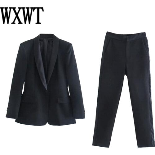 WXWT Za Women Fashion Black Slim Two Piece Set Long Sleeve Single Button Blazer With High Waist Pants 2021 Autumn Sets CD8208