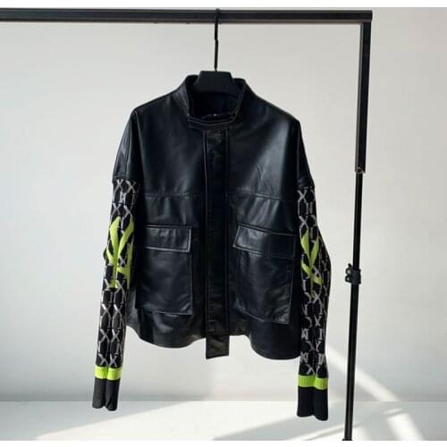 2020 Spring New Style Leather Jacket Leather Women Sheepskin Top Trend Loose Stitching Knitted Leather Jacket Global Fashion