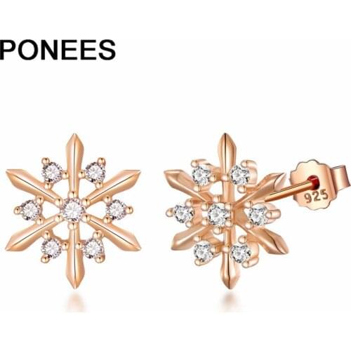 Ponees New Arrival 925 Sterling Silver Zircon Snowflake Flower Stud Earrings For Women Christmas Gift With High Quality
