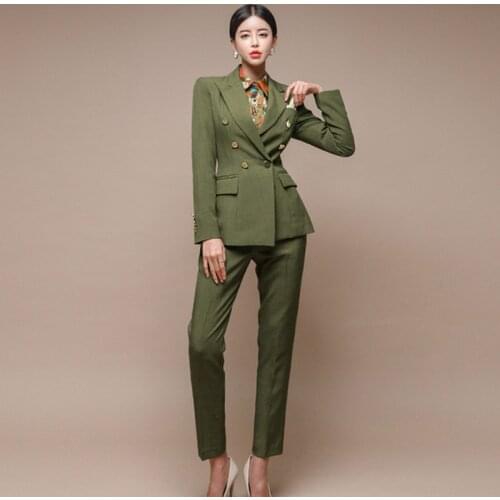 Formal Women Pants Suit 2019 Autumn Office OL Notched Double-breasted Green Suit Coat + Work Wear Pencil Trousers Set 2PCS Set