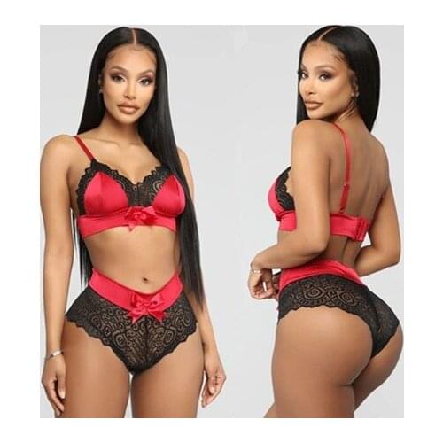 Women Ladies Lace Nightwear Sleeping Lingerie See-Through Floral Fall Summer Bowknot Sling Bra Sexy Briefs Sets
