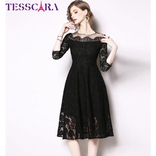 TESSCARA Women Autumn Elegant Lace Dress Festa Female Vintage Designer Vestidos High Quality Retro Office Ladies Party Robe