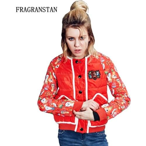 Winter New Fashion Women Keep Warm Red Short White Duck Down Jacket Cartoon Print Light Waterproof Slim Single Breasted Top LY88