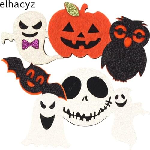 12pcs/lot DIY Halloween Headband Glitter Skull Bat Ghost Pumpkin Felt Pads Hair Accessories For Girls Kids Hair Bow Headwear