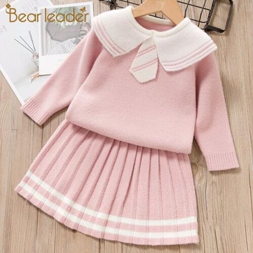 Bear Leader Girl Clothing Set New Spring Winter Kids Girl Clothes Suit Long Sleeve Tie Collar Cute Children Knitwear Outfit 2Pcs