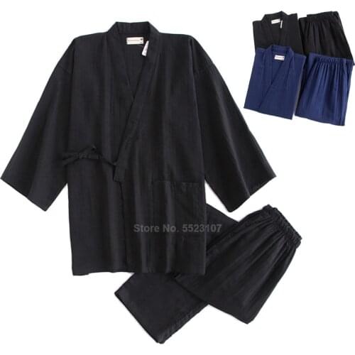 2021 Kimono Pajamas Set for Samurai Men Cotton Traditional Japanese Top Trousers Pure Color Casual Breathable Yukata Sleepwear