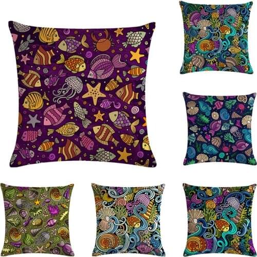 45x45cm Fish Cushion Covers Pillow Case Beach Sofa Cotton Linen Pillowcase Print Sea Throw Pillow Cover
