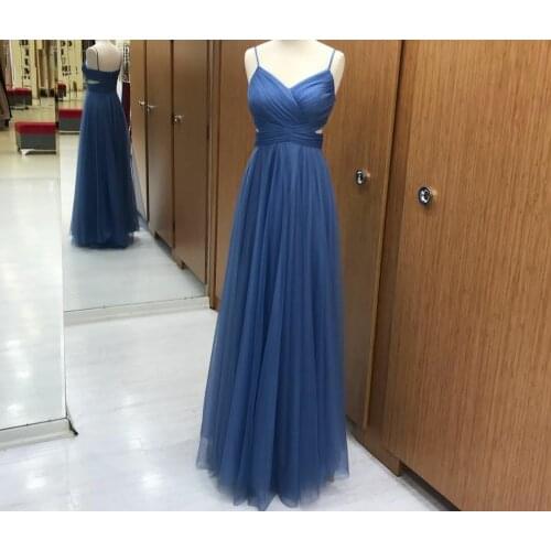 Spaghetti Long V-Neck Pleated Blue Evening Dresses with Pockets A-Line Floor Length Corset Back Formal Party Dress for Women
