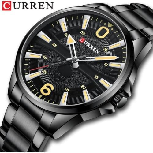 Curren Watches Mens 2021 Fashion Casual Clock Stainless Steel Black Quartz Wristwatch for Male