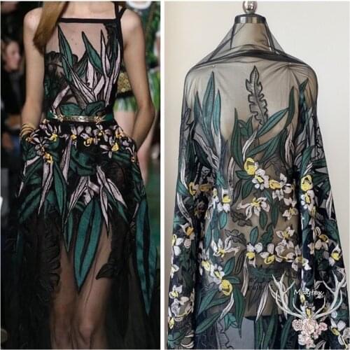 Black French Mesh Net Embroidery lace trim dark green color flower dress lace trimming accessories