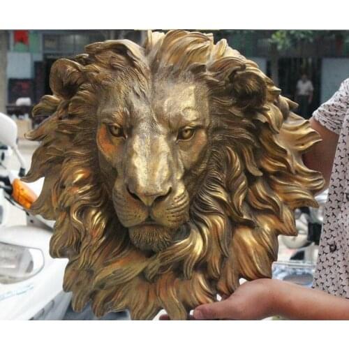 Palace Display Chinese Fengshui Folk Pure Brass Guard King Lion Head Mask Statue