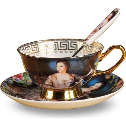 European Luxurious Bone China Coffee Cup Set Vintage Figure Oil Hand Painted Porcelain Tea Teaware Wedding Gifts