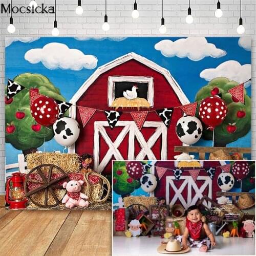 Mocsicka Farm Cake Smash Photography Backdrops Red Barn Animal Decor Chirldren 1st Birthday Photo Props Studio Booth Background