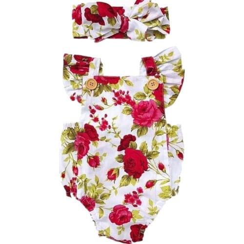 Newborn Infantil Toddler Baby Girls Clothes Flower Fashion Jumpsuit Bodysuit + Headband Cotton Blend Outfits 0-24M