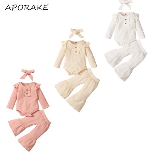 2021 0-24M Infant Baby Girl Clothing Set Spring Fall Sweet Solid Color Ruffle Long Sleeve Romper+Flare Pants+Headband Knit 3pcs