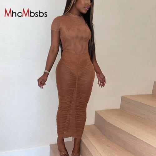 Summer Ruched Mesh Beach Cover Ups Midi Skirts Sexy Women See Through Tee Shirt 2021 Holiday Beach 2 Piece Set Outfits