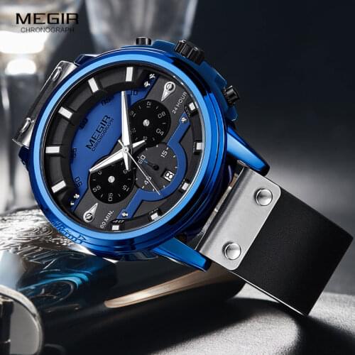 MEGIR 2019 New Mens Chronograph Quartz Watches Relogios Masculino Leather Strap Military Sport Wristwatch Clock Watch 2080 Blue