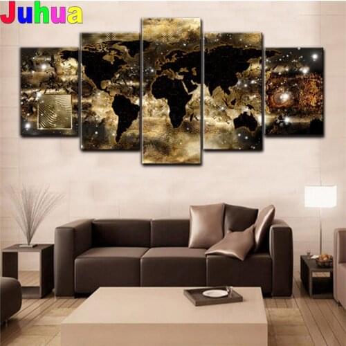 Full square round diamond painting Gold World Map diamond embroidery rhinestone mosaic diamond inlaid pattern decor salon 5 PCS