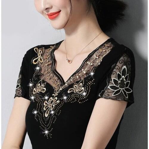 Plus Size 5XL Spring Summer Style Lace Short Sleeve Blouses Shirts Lady Casual V-Neck Lace Women Blusas Tops