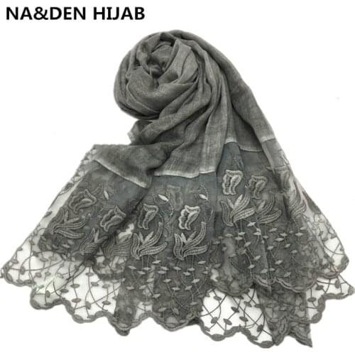 Luxurious fashion viscose solid plain flower two sides lace elegant women scarf shawls muslim hijab wraps bandana pashmina 10pcs
