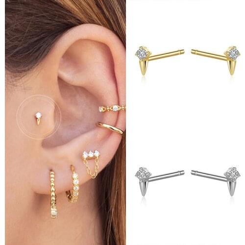 DAIWUJAN Mini 925 Sterling Silver Single Diamond Stud Earrings Geometric Zircon Ear Bone Nail Pierced Earrings Fashion Jewelry